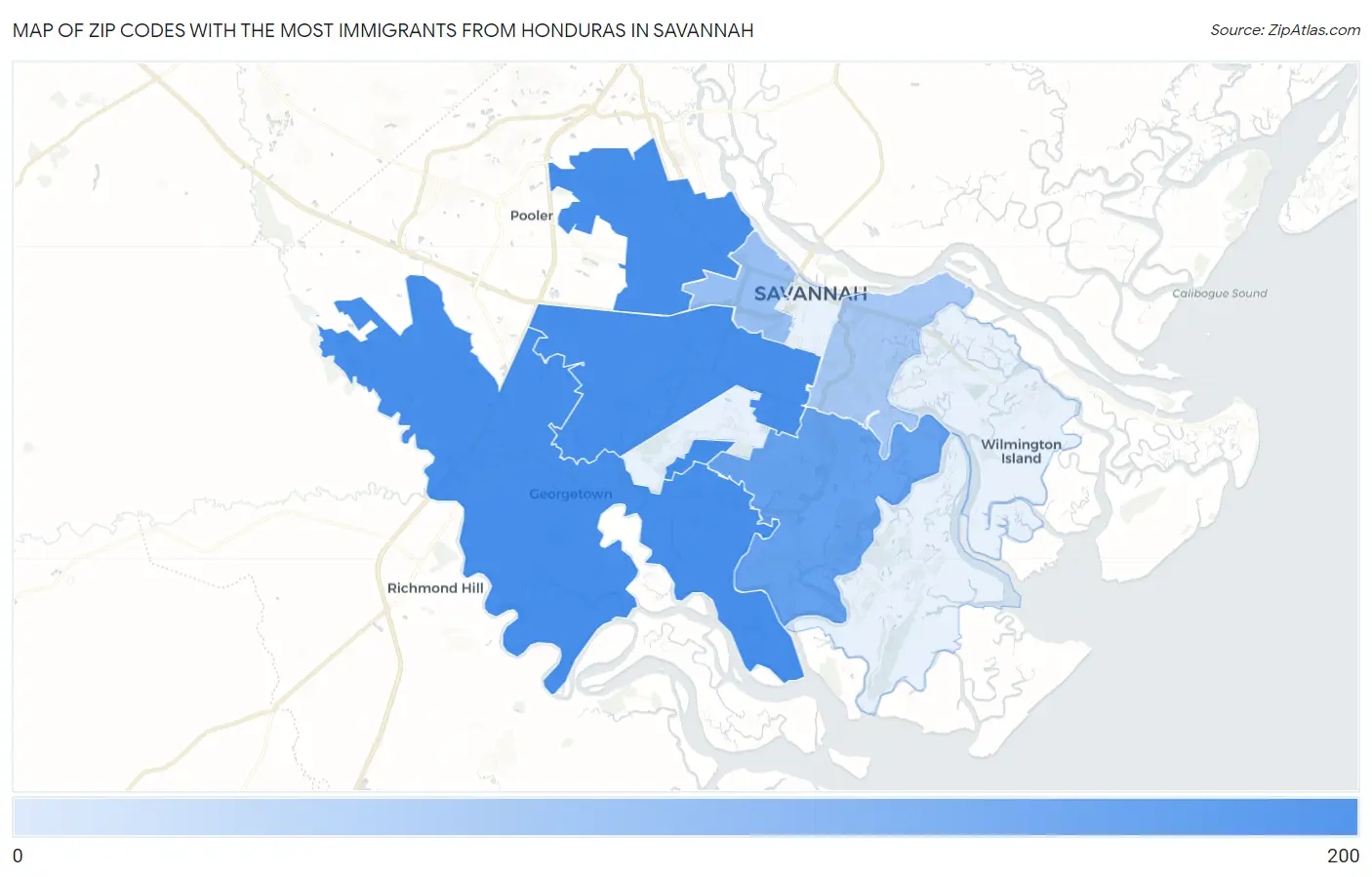Zip Codes with the Most Immigrants from Honduras in Savannah Map