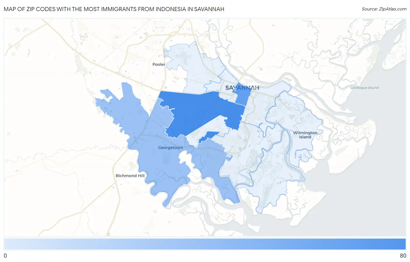 Zip Codes with the Most Immigrants from Indonesia in Savannah Map