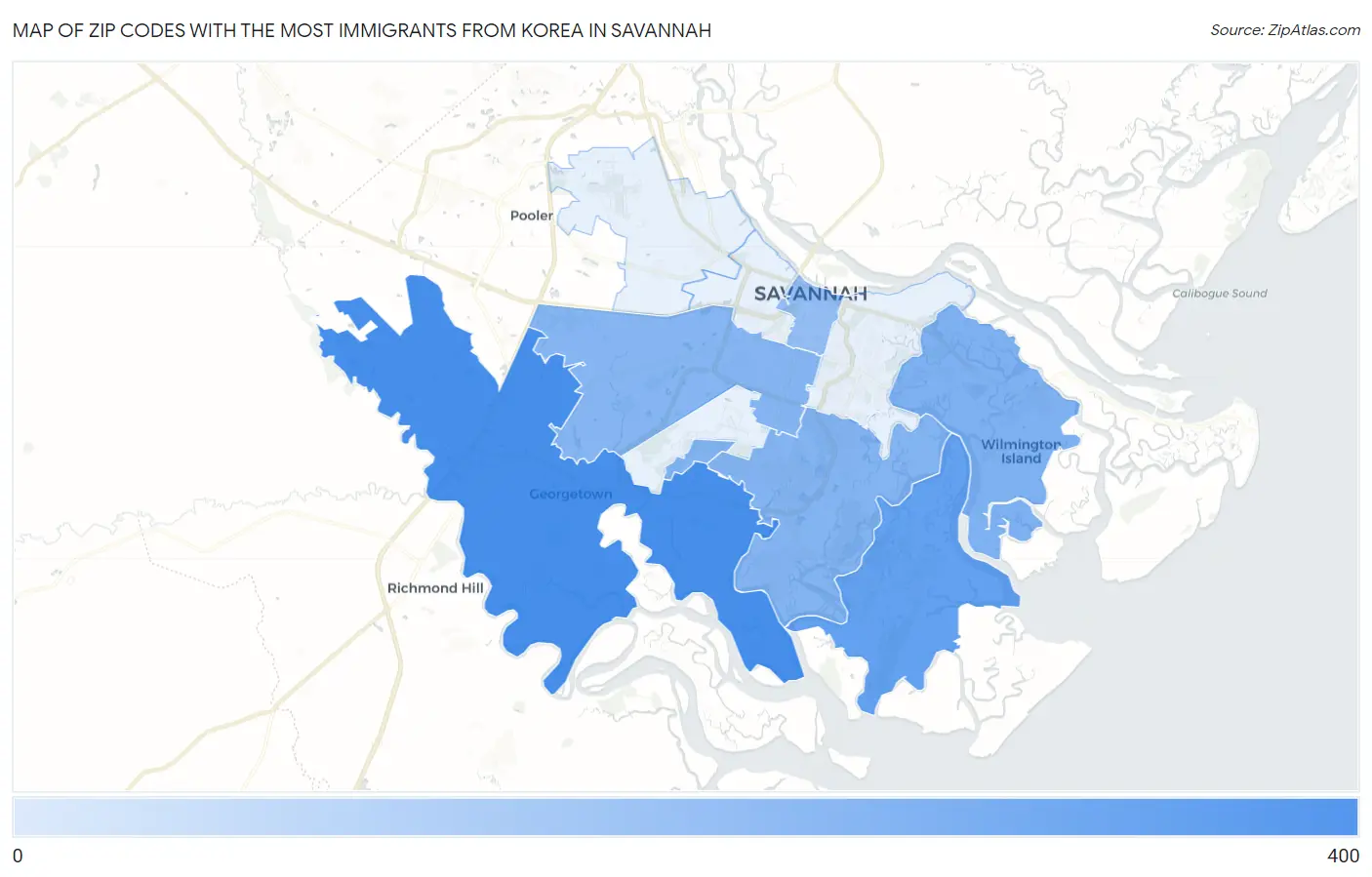 Zip Codes with the Most Immigrants from Korea in Savannah Map