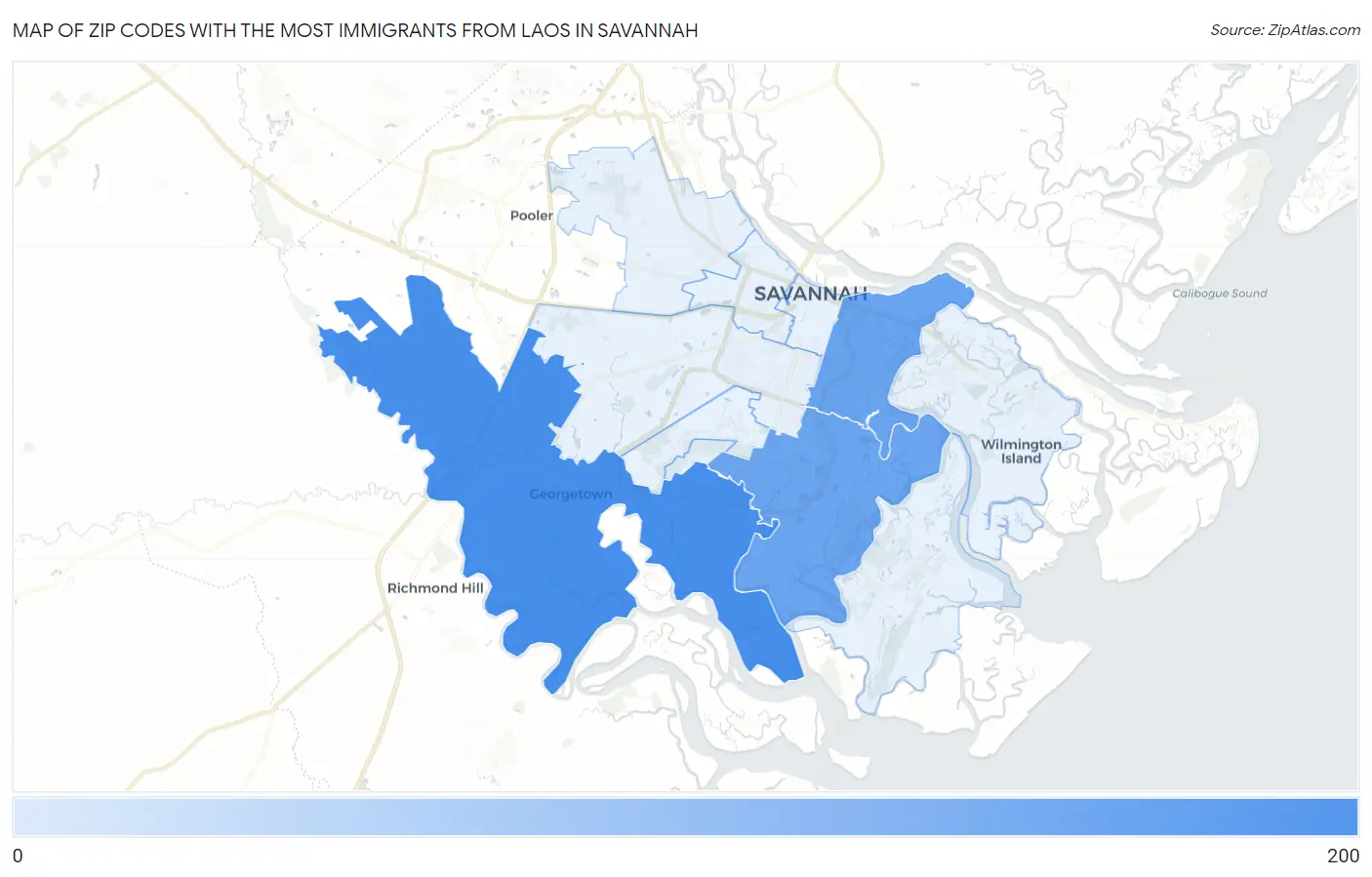 Zip Codes with the Most Immigrants from Laos in Savannah Map