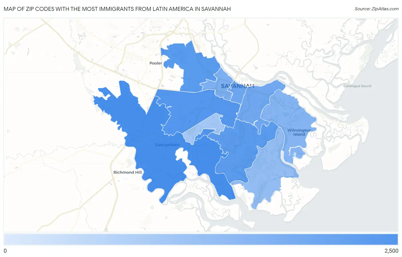 Zip Codes with the Most Immigrants from Latin America in Savannah Map