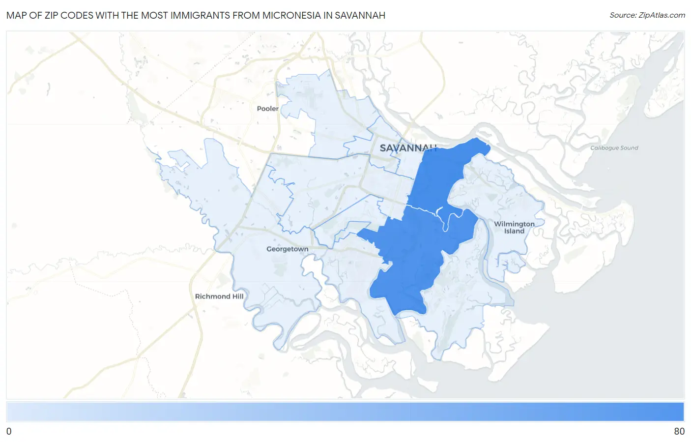 Zip Codes with the Most Immigrants from Micronesia in Savannah Map