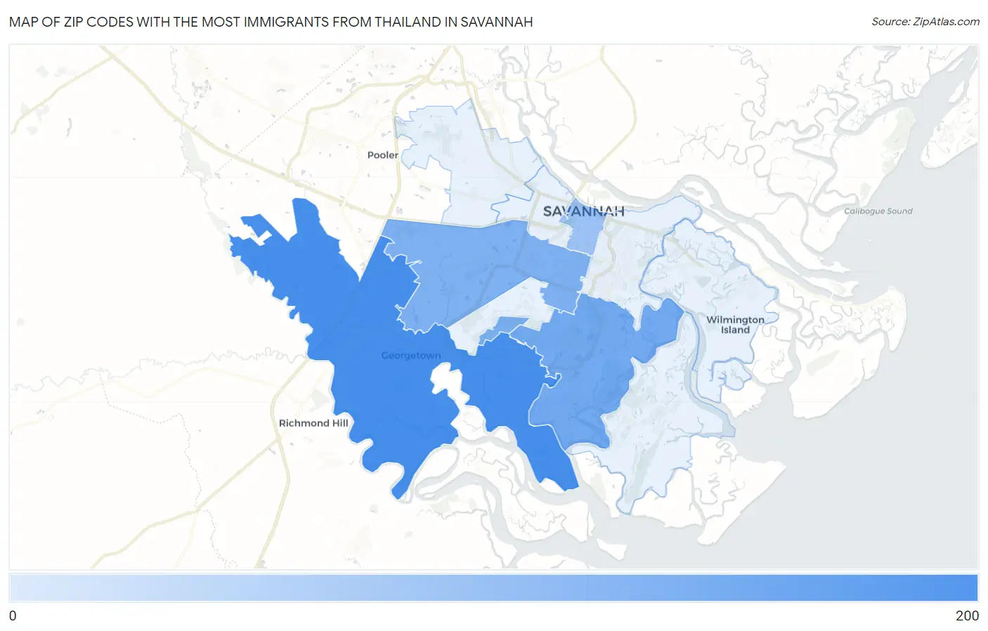 Zip Codes with the Most Immigrants from Thailand in Savannah Map