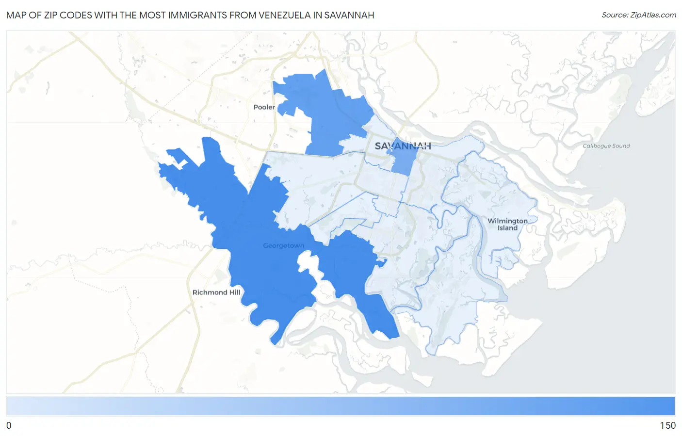 Zip Codes with the Most Immigrants from Venezuela in Savannah Map