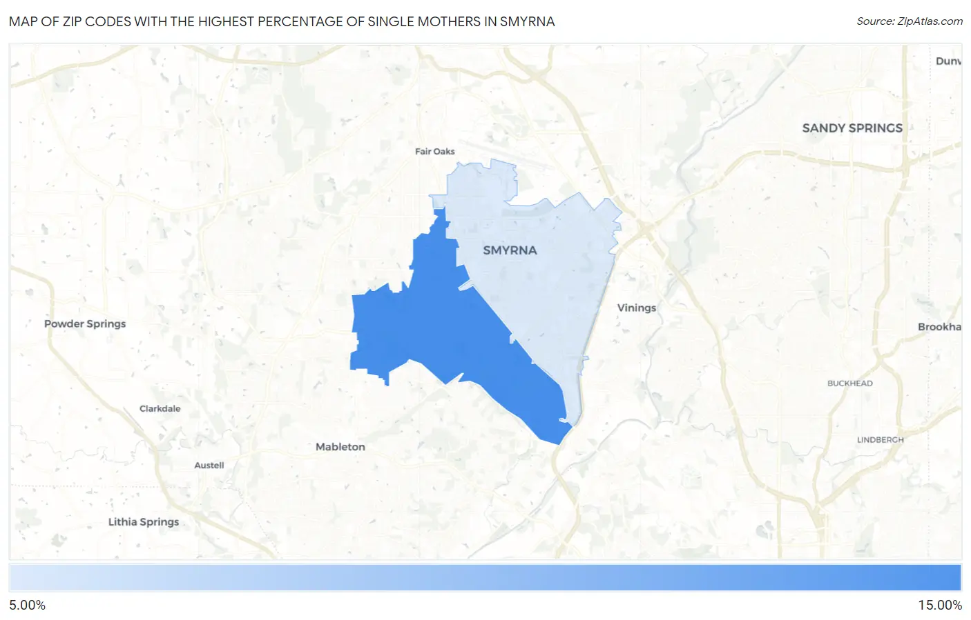 Zip Codes with the Highest Percentage of Single Mothers in Smyrna Map