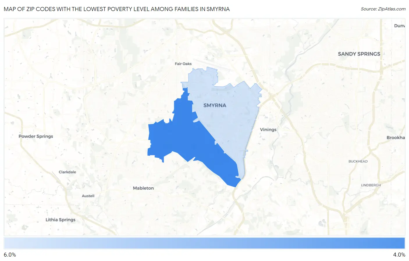 Zip Codes with the Lowest Poverty Level Among Families in Smyrna Map