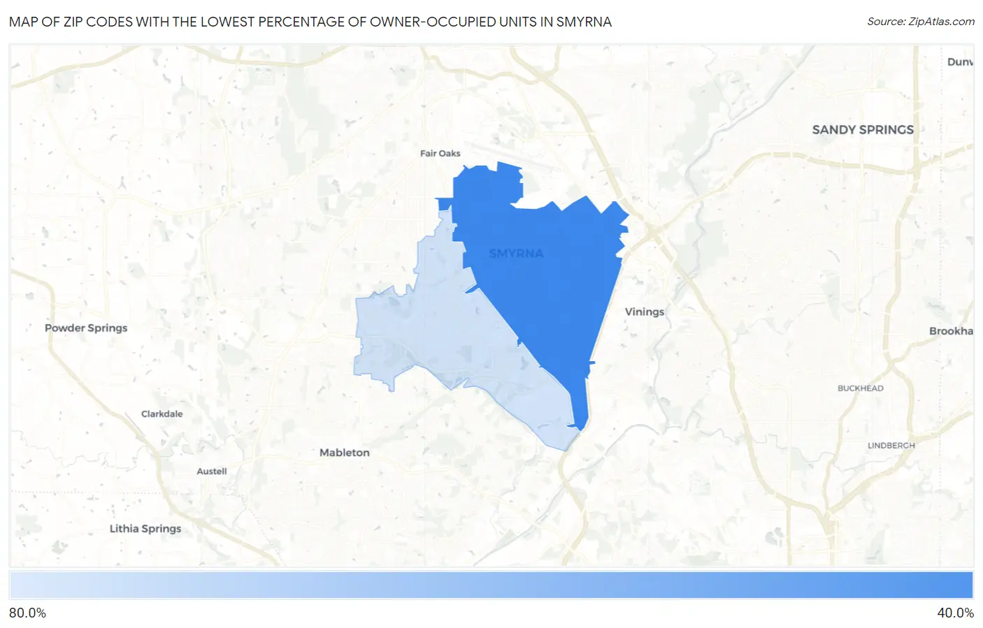 Zip Codes with the Lowest Percentage of Owner-Occupied Units in Smyrna Map