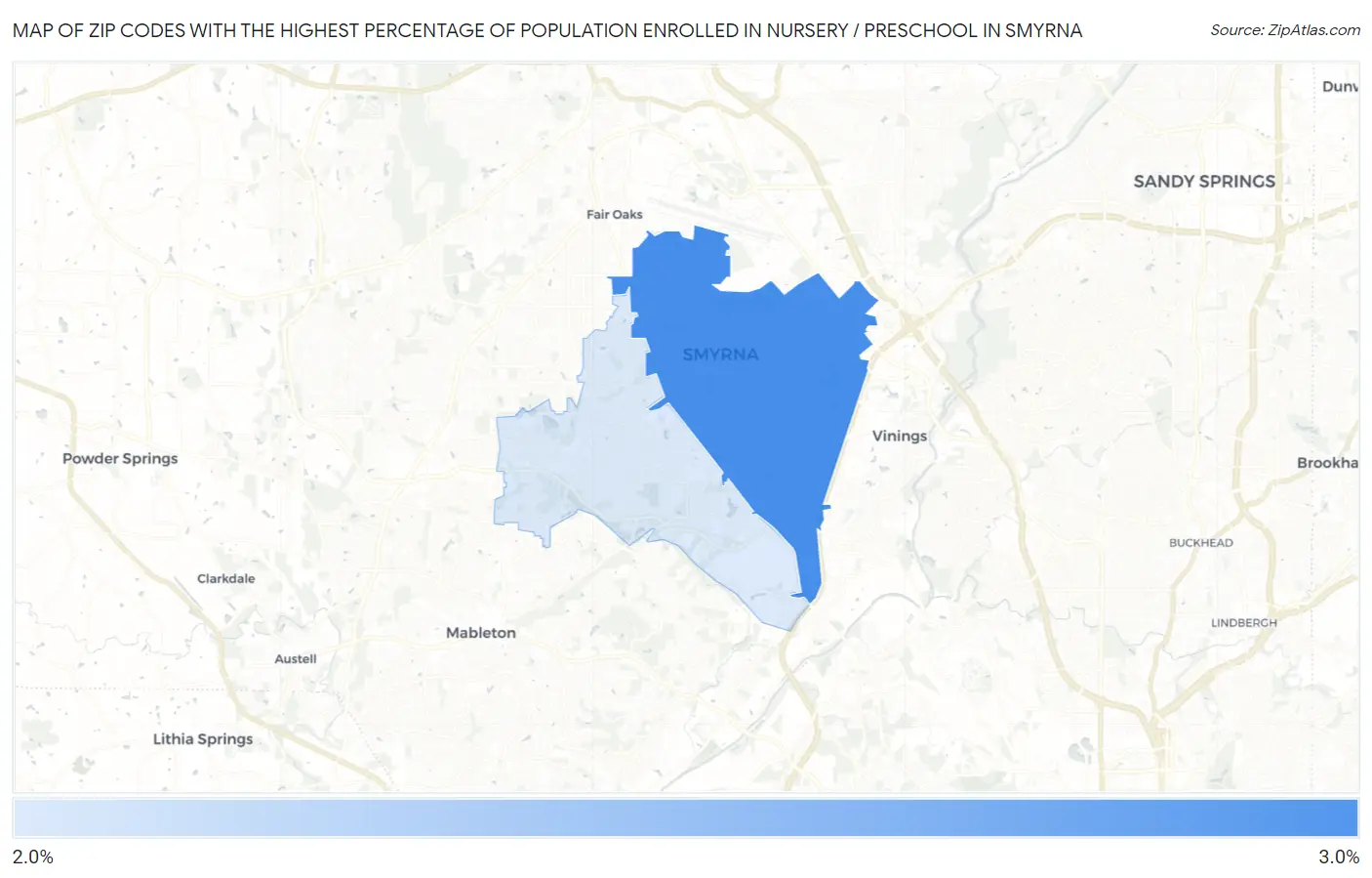 Zip Codes with the Highest Percentage of Population Enrolled in Nursery / Preschool in Smyrna Map