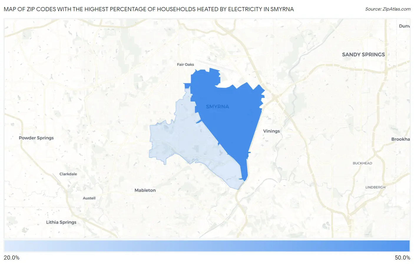 Zip Codes with the Highest Percentage of Households Heated by Electricity in Smyrna Map