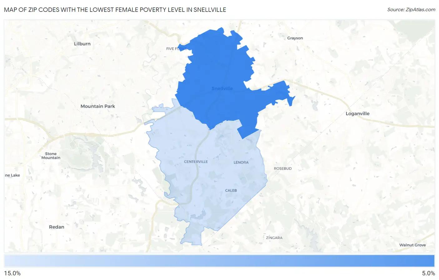 Zip Codes with the Lowest Female Poverty Level in Snellville Map