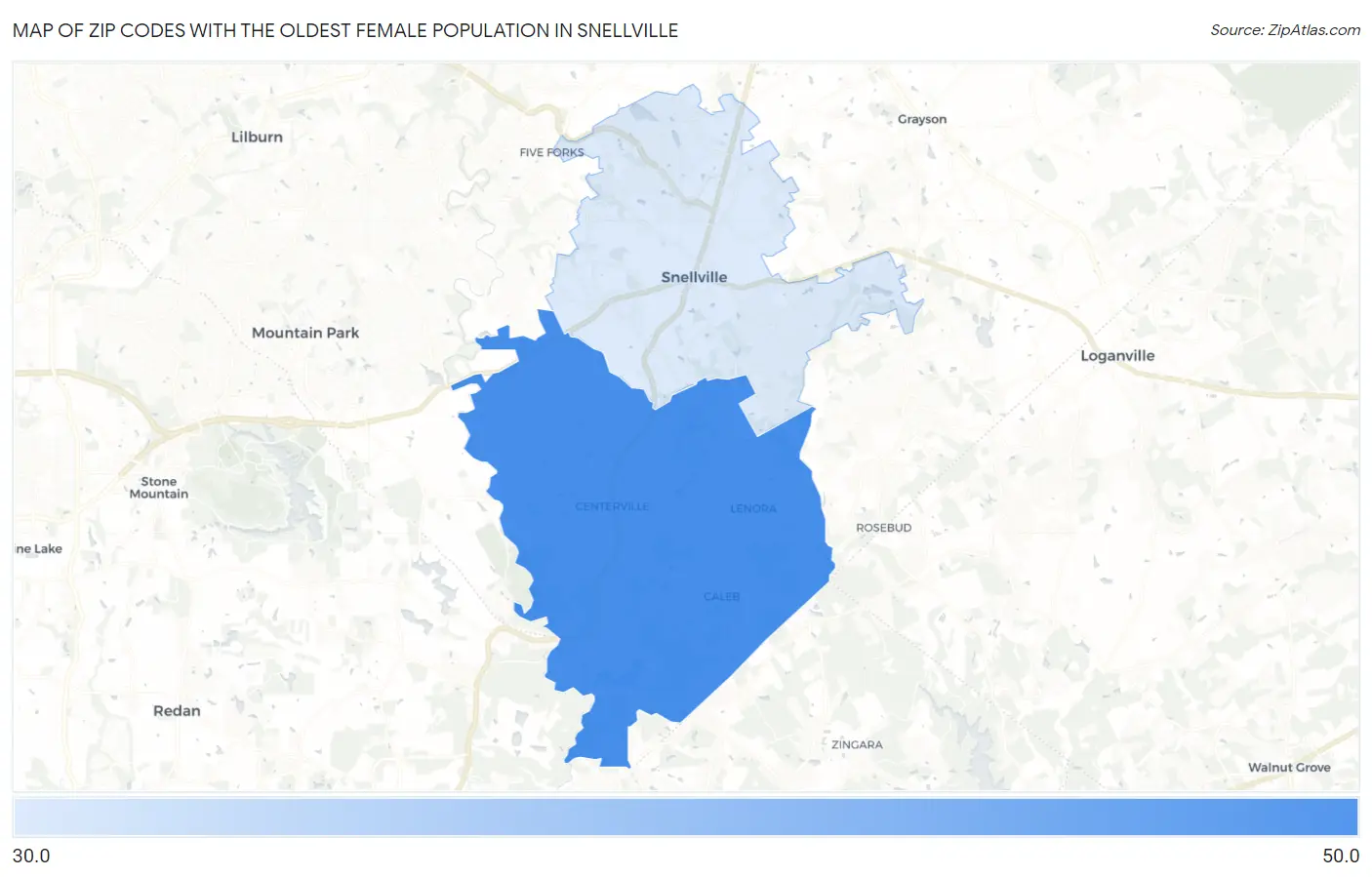 Zip Codes with the Oldest Female Population in Snellville Map