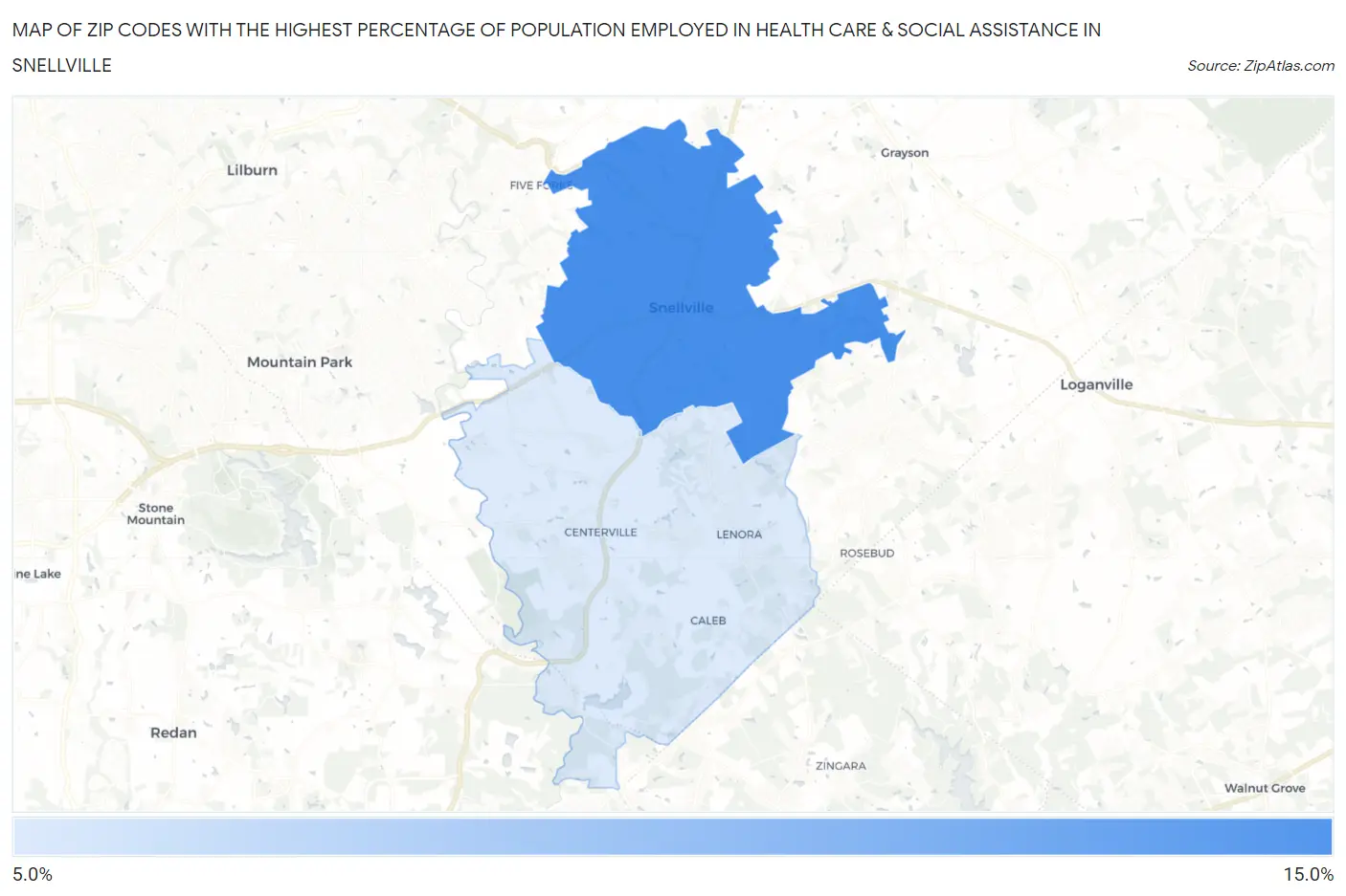 Zip Codes with the Highest Percentage of Population Employed in Health Care & Social Assistance in Snellville Map