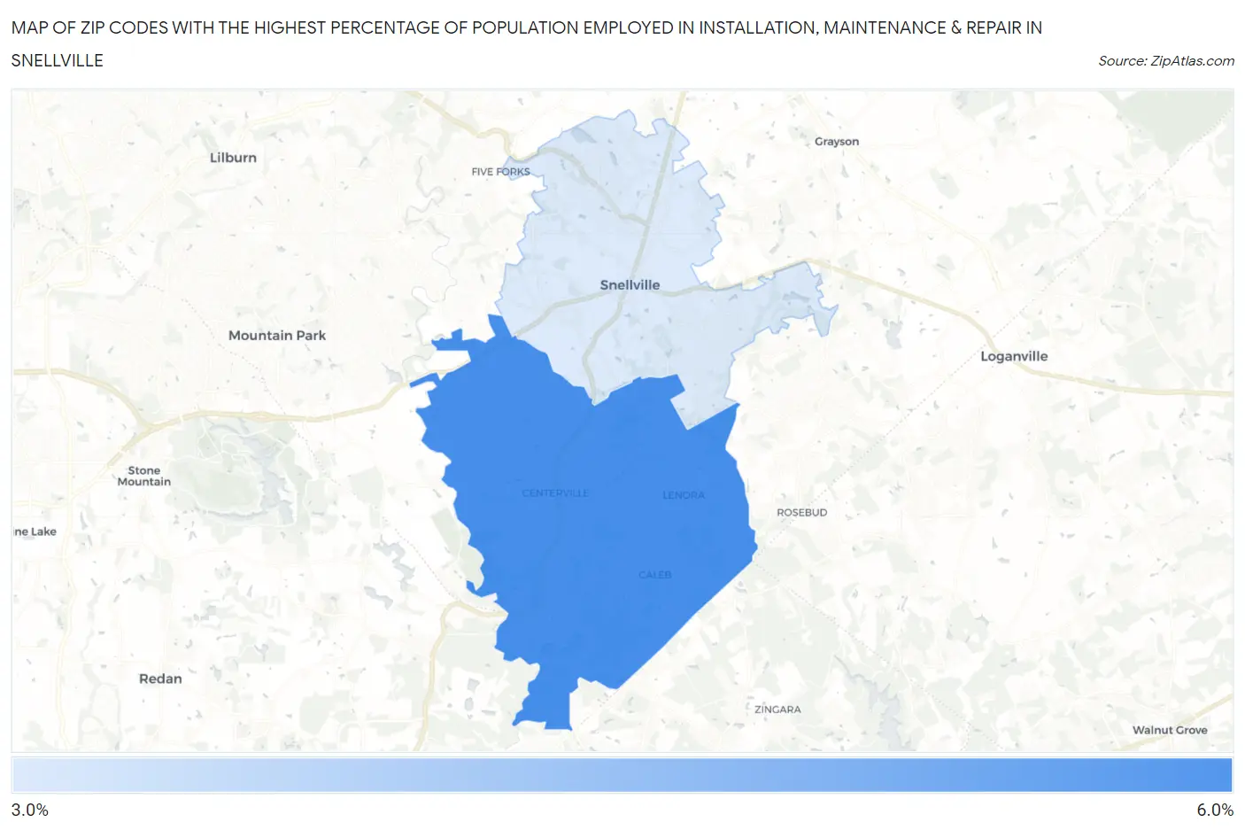 Zip Codes with the Highest Percentage of Population Employed in Installation, Maintenance & Repair in Snellville Map