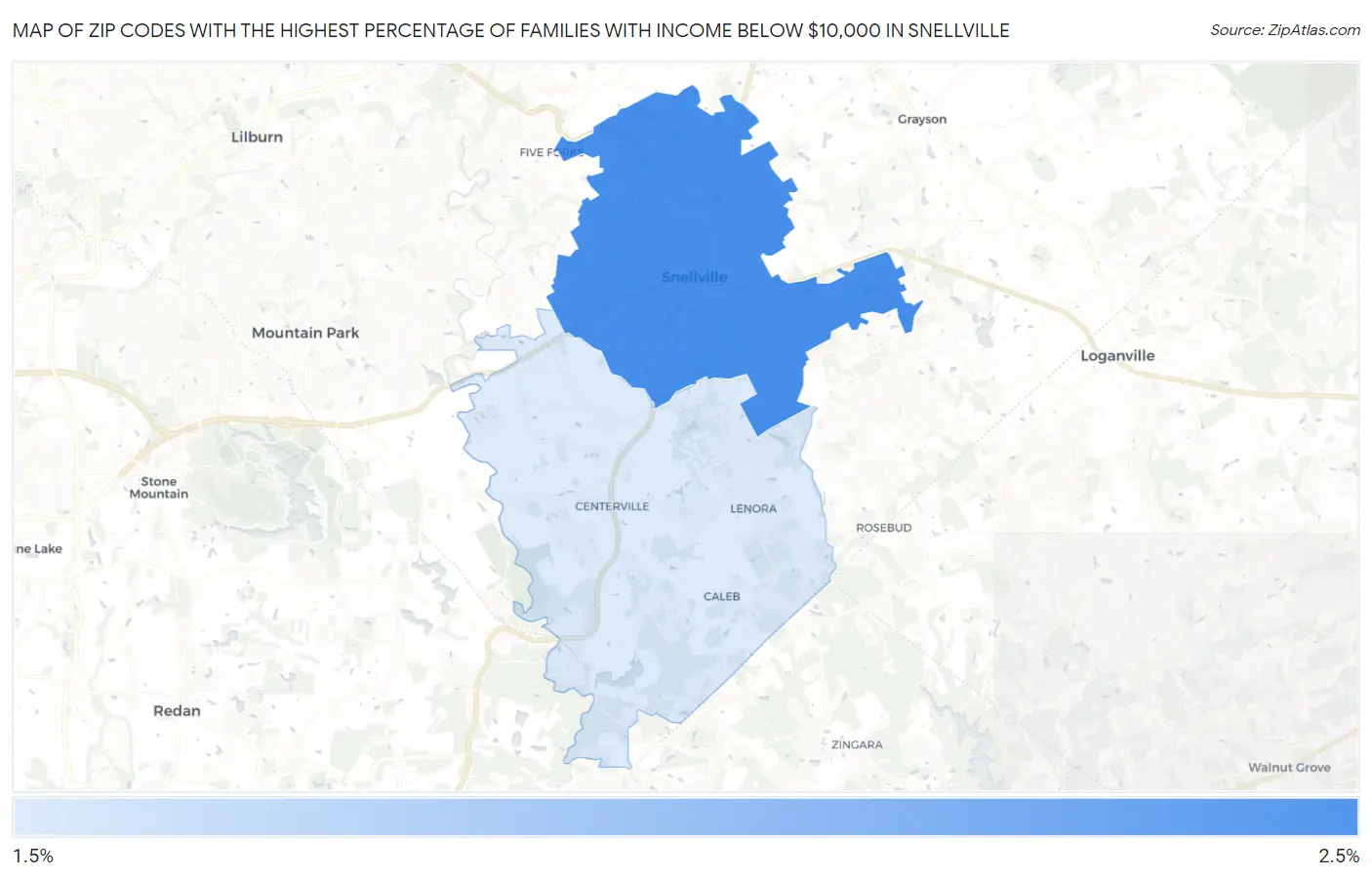 Zip Codes with the Highest Percentage of Families with Income Below $10,000 in Snellville Map