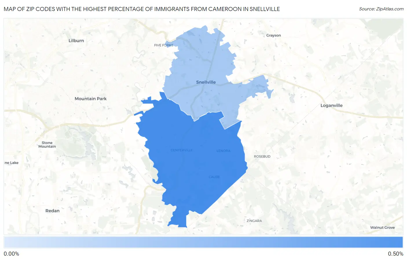 Zip Codes with the Highest Percentage of Immigrants from Cameroon in Snellville Map