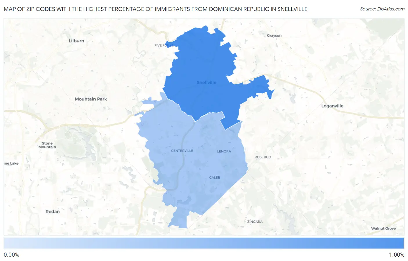Zip Codes with the Highest Percentage of Immigrants from Dominican Republic in Snellville Map