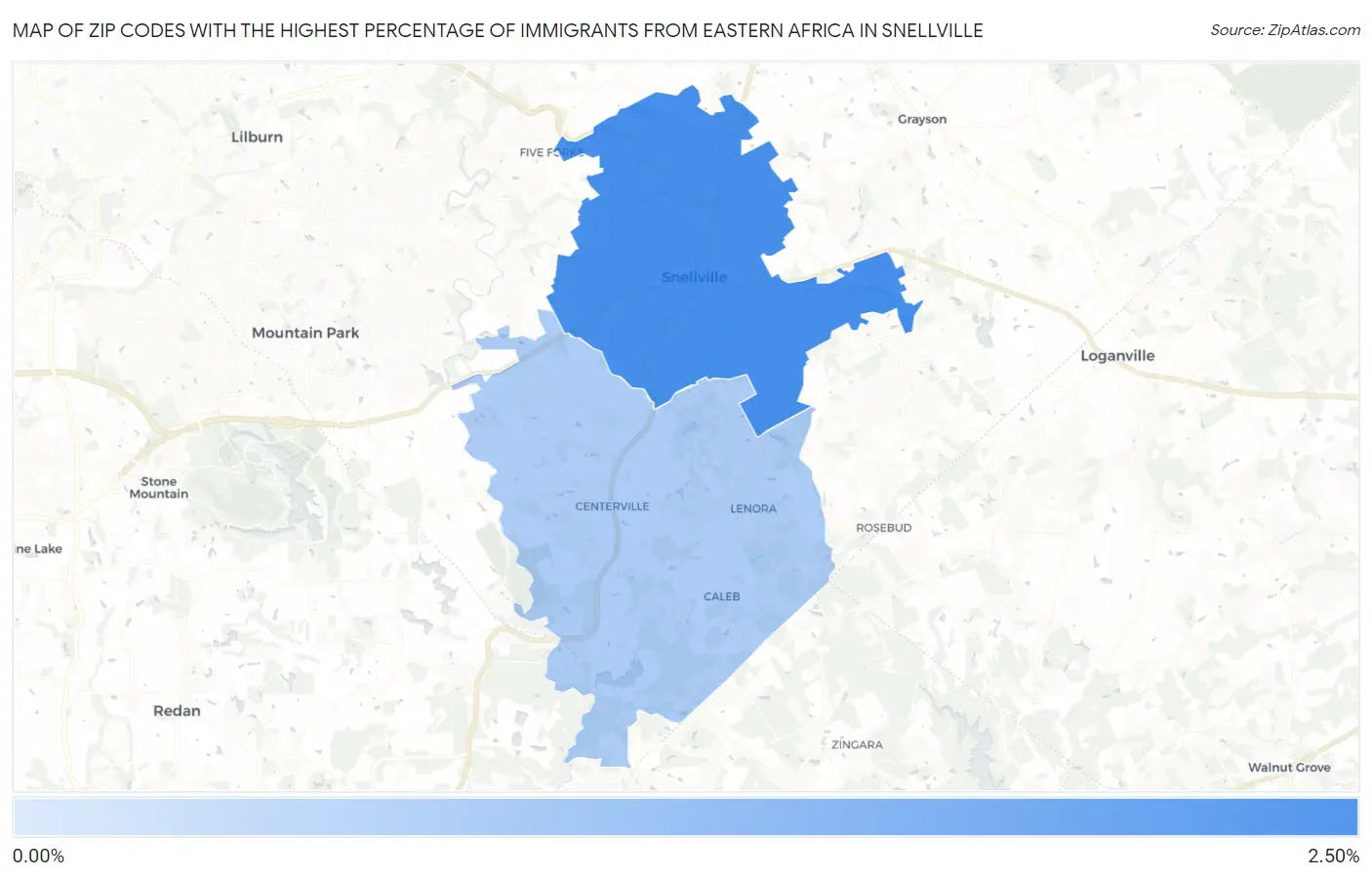 Zip Codes with the Highest Percentage of Immigrants from Eastern Africa in Snellville Map