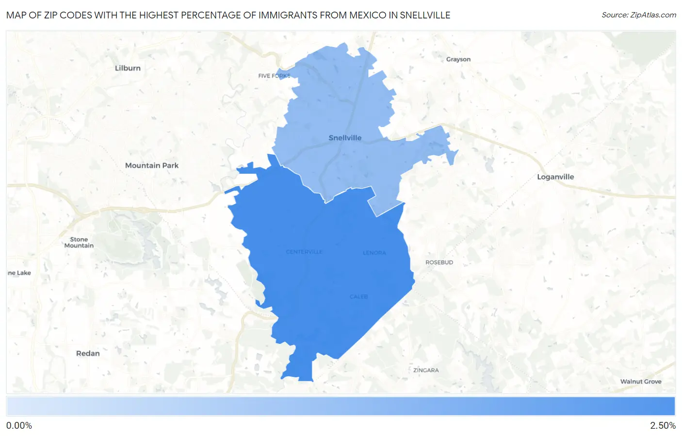 Zip Codes with the Highest Percentage of Immigrants from Mexico in Snellville Map