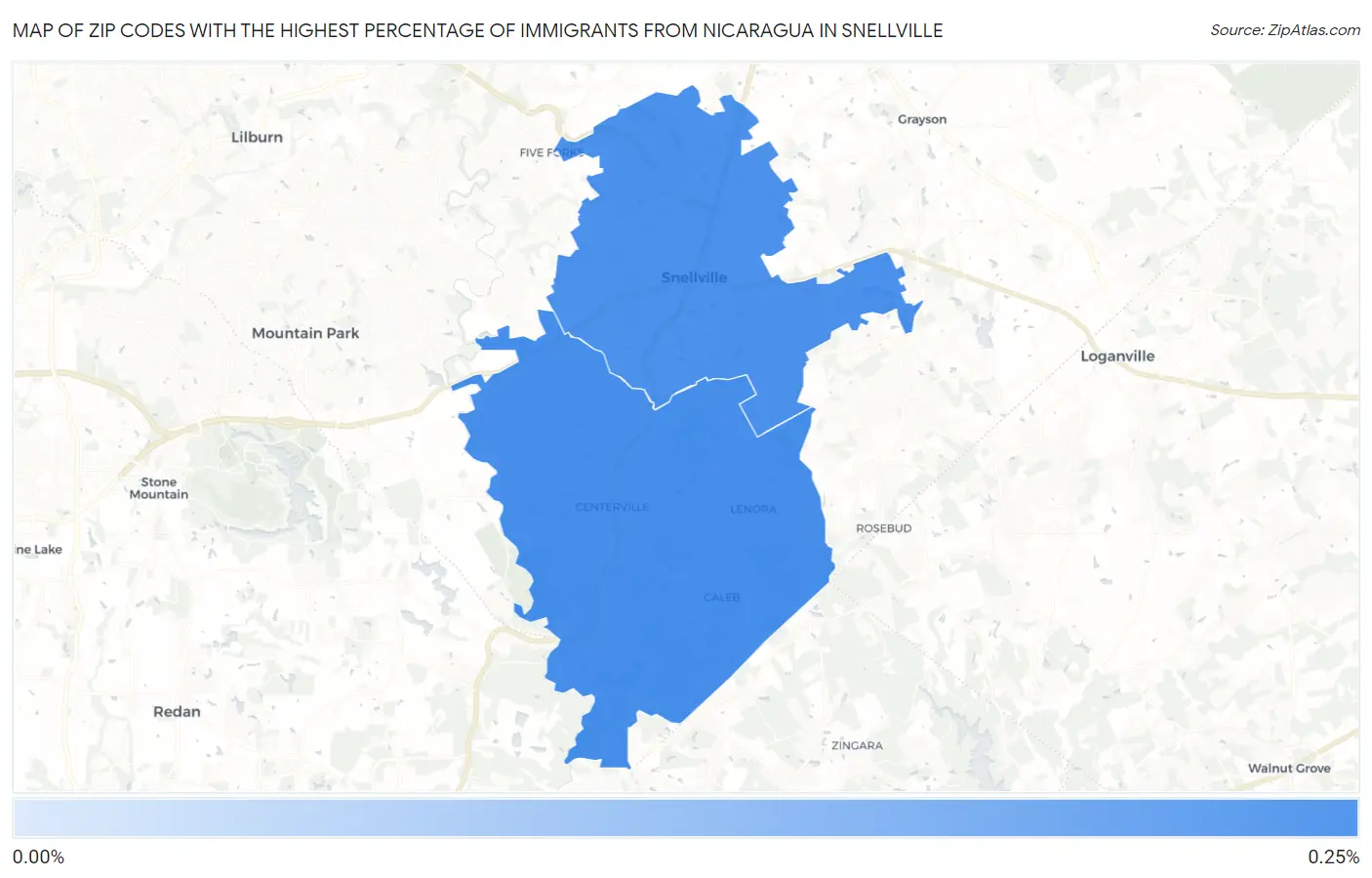 Zip Codes with the Highest Percentage of Immigrants from Nicaragua in Snellville Map