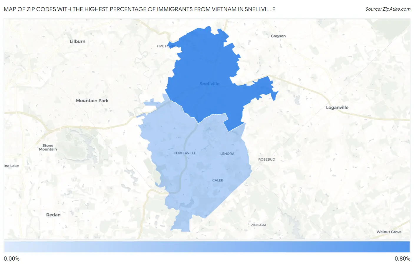 Zip Codes with the Highest Percentage of Immigrants from Vietnam in Snellville Map