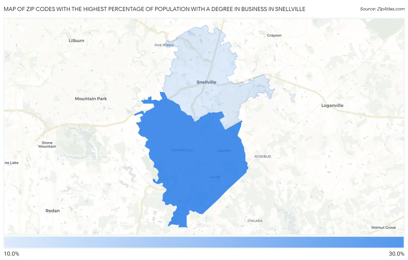 Zip Codes with the Highest Percentage of Population with a Degree in Business in Snellville Map