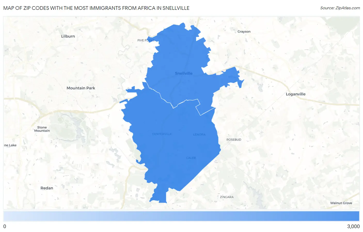 Zip Codes with the Most Immigrants from Africa in Snellville Map