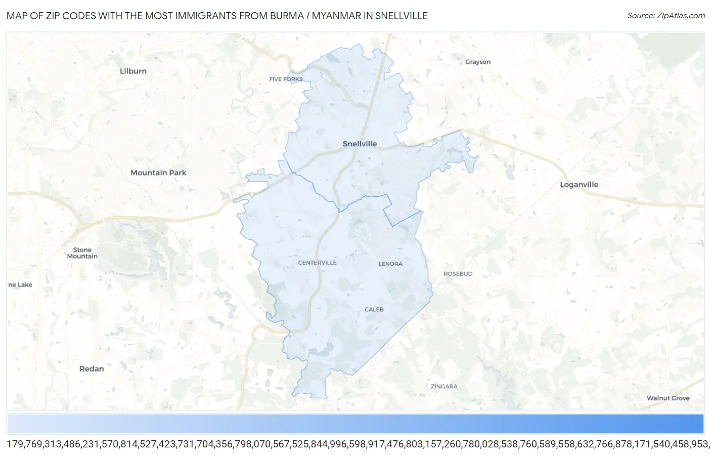 Zip Codes with the Most Immigrants from Burma / Myanmar in Snellville Map