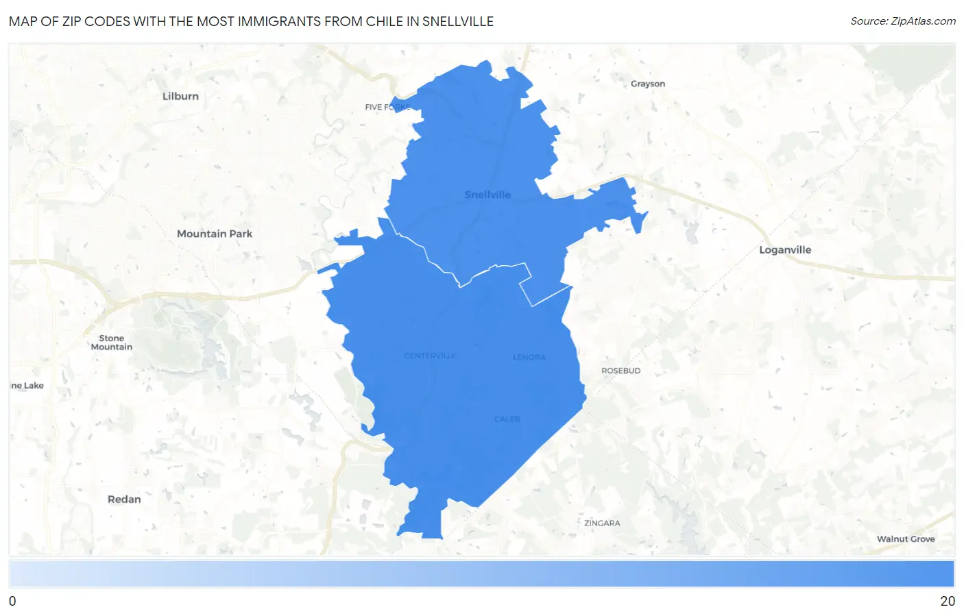 Zip Codes with the Most Immigrants from Chile in Snellville Map