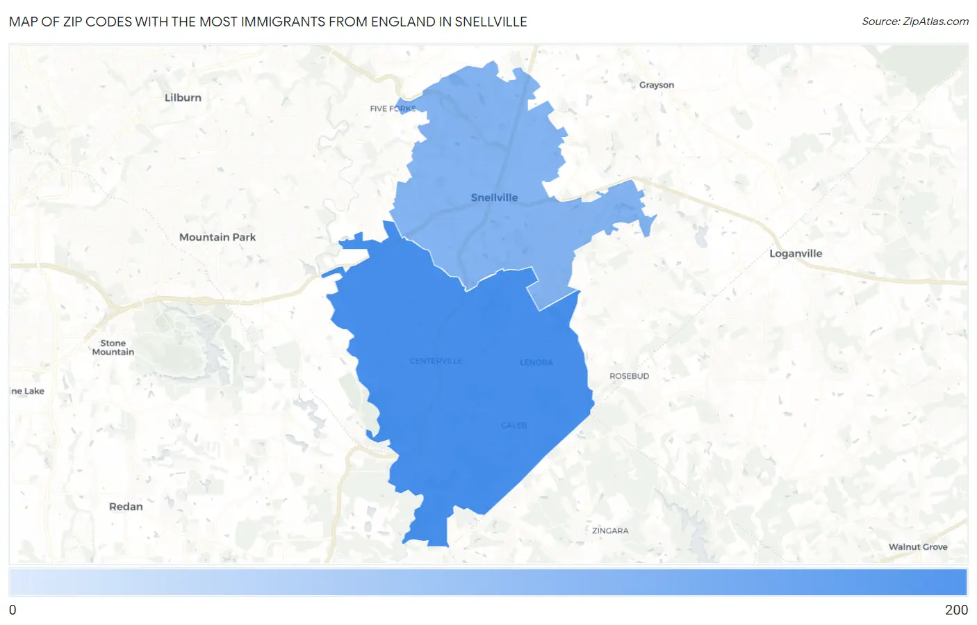 Zip Codes with the Most Immigrants from England in Snellville Map