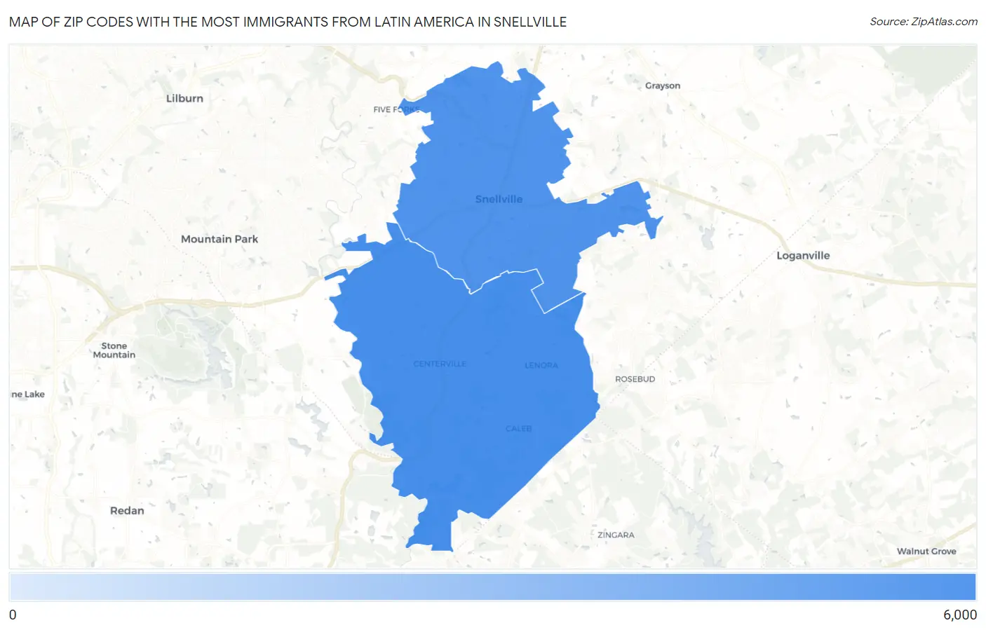 Zip Codes with the Most Immigrants from Latin America in Snellville Map