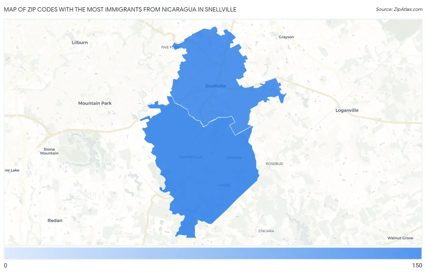 Zip Codes with the Most Immigrants from Nicaragua in Snellville Map