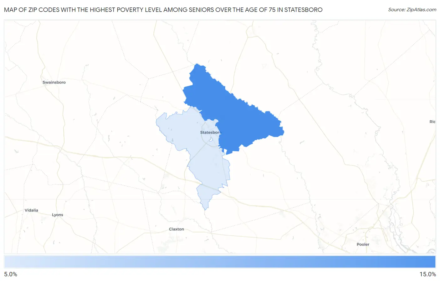 Zip Codes with the Highest Poverty Level Among Seniors Over the Age of 75 in Statesboro Map