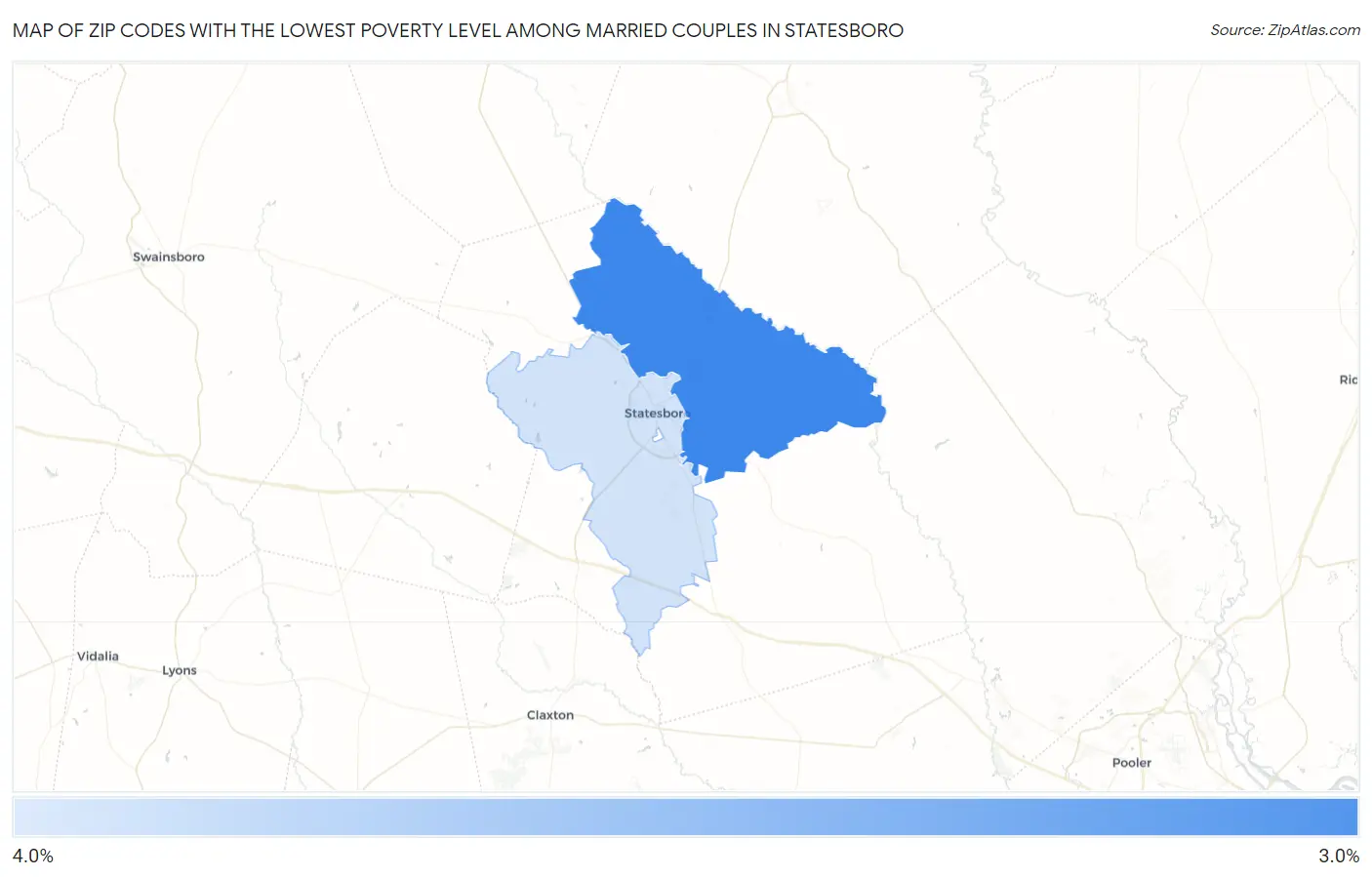 Zip Codes with the Lowest Poverty Level Among Married Couples in Statesboro Map