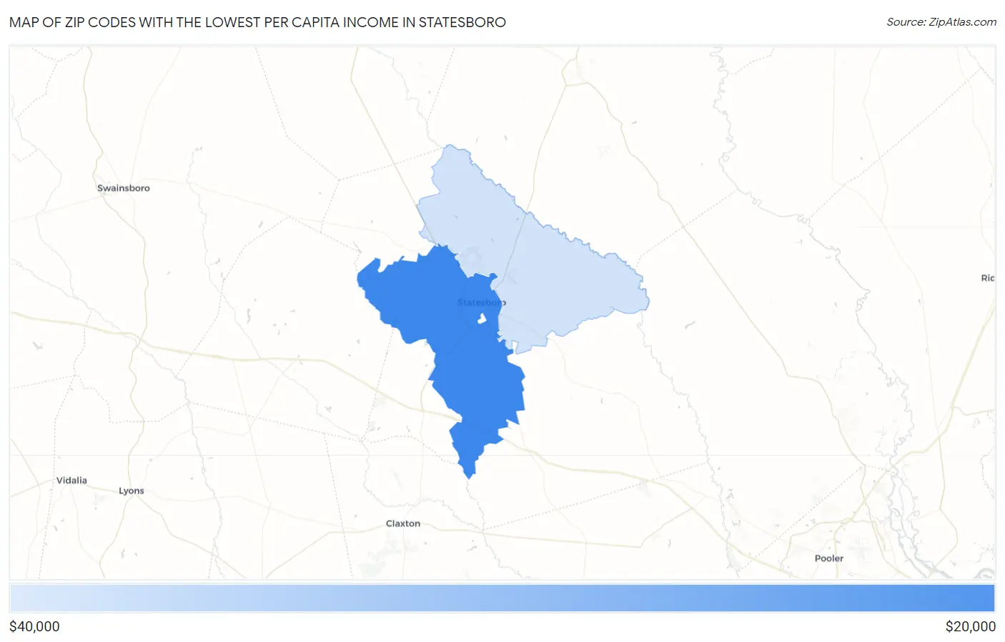 Zip Codes with the Lowest Per Capita Income in Statesboro Map