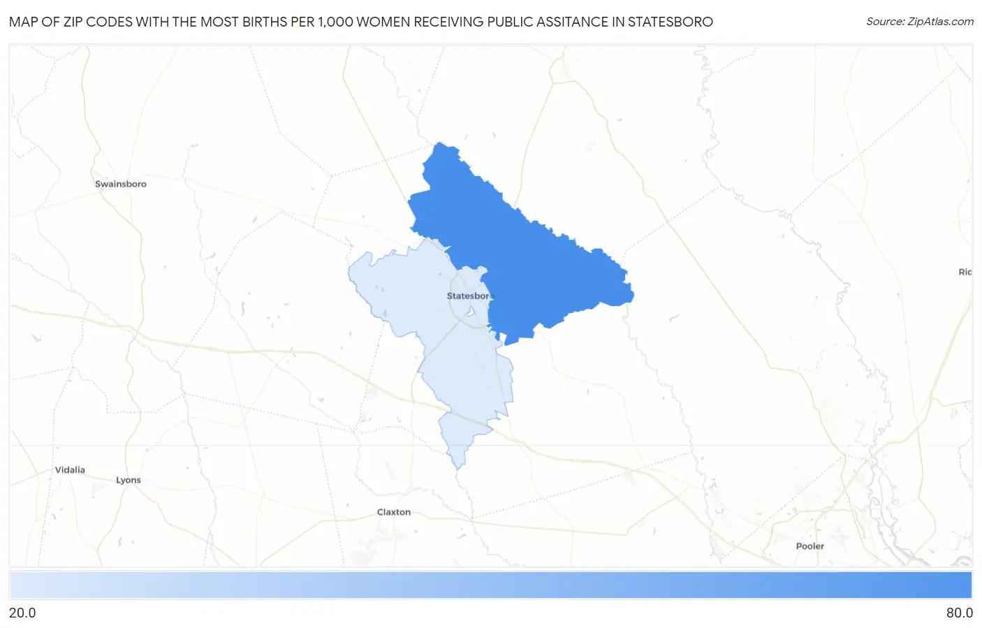 Zip Codes with the Most Births per 1,000 Women Receiving Public Assitance in Statesboro Map