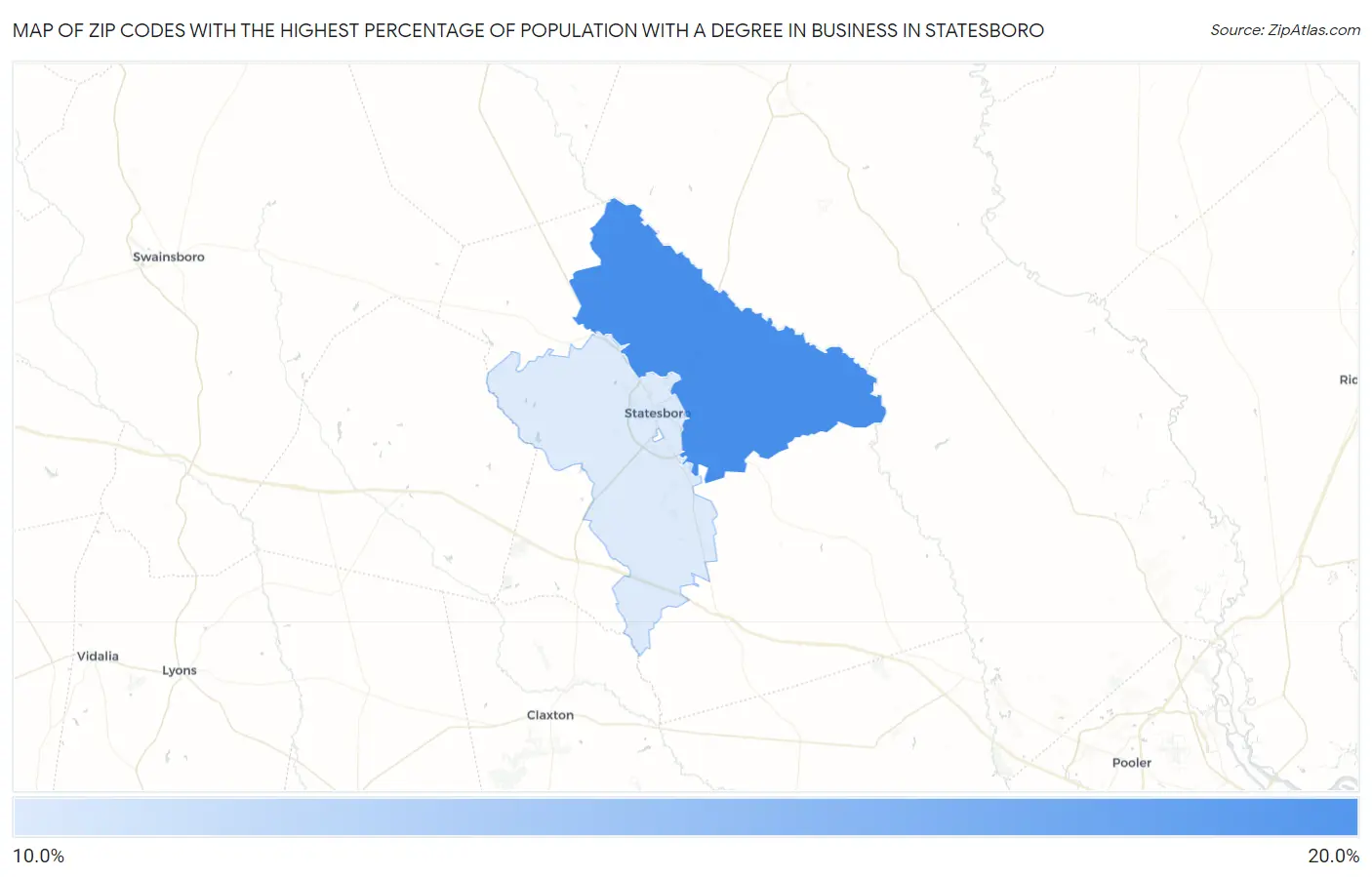 Zip Codes with the Highest Percentage of Population with a Degree in Business in Statesboro Map
