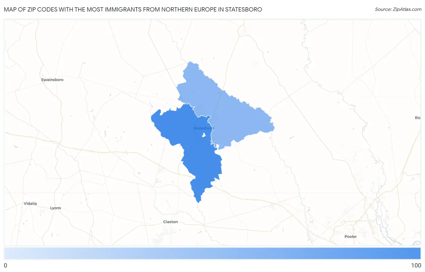 Zip Codes with the Most Immigrants from Northern Europe in Statesboro Map