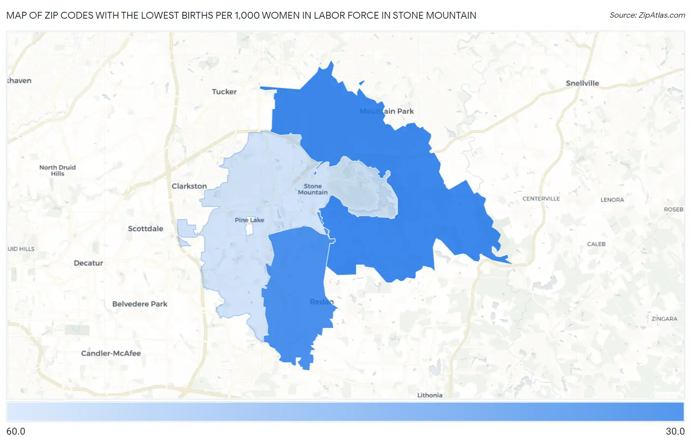 Zip Codes with the Lowest Births per 1,000 Women in Labor Force in Stone Mountain Map