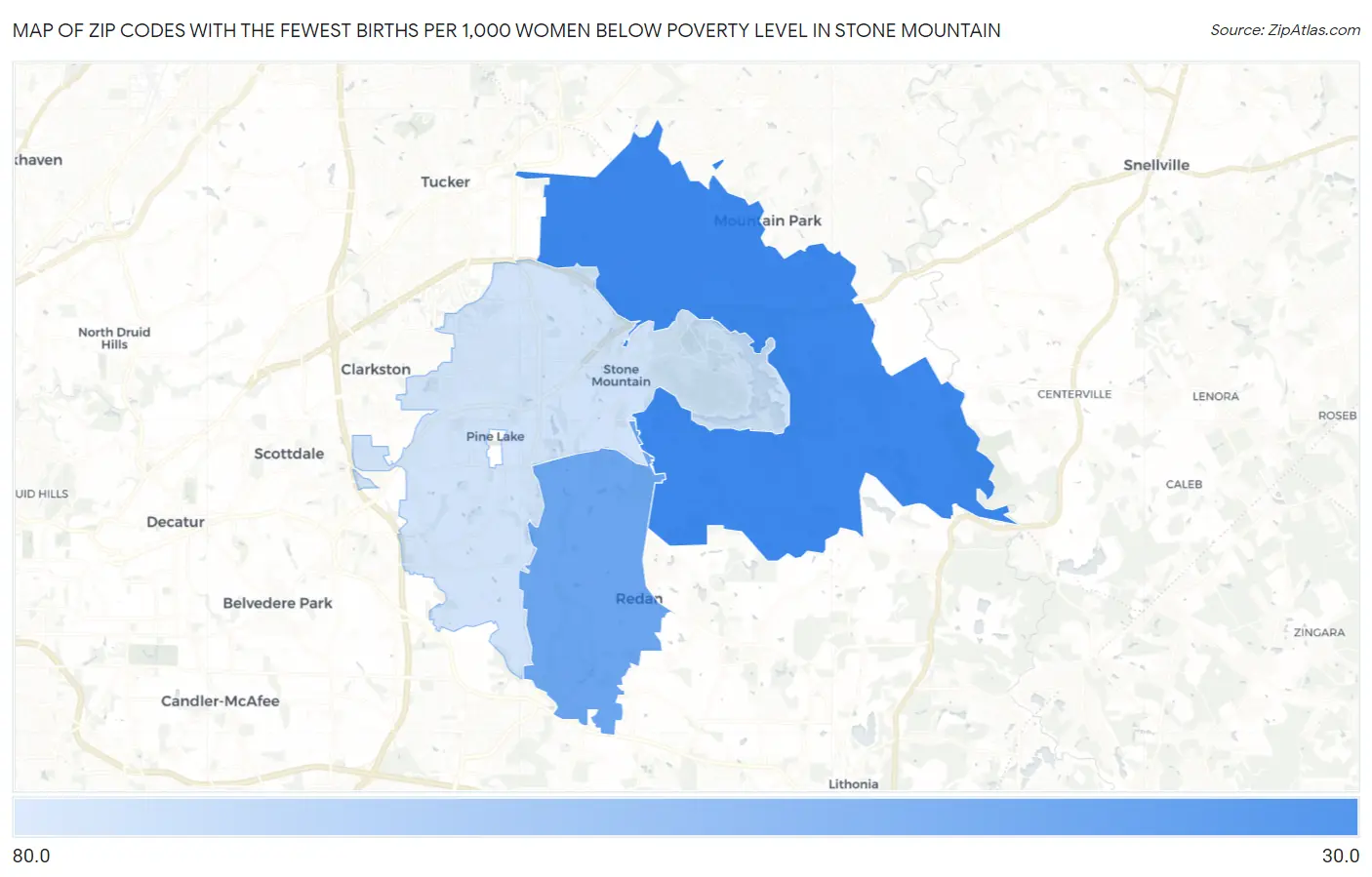Zip Codes with the Fewest Births per 1,000 Women Below Poverty Level in Stone Mountain Map
