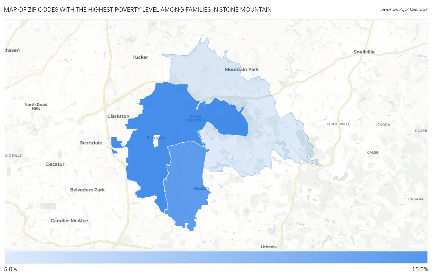 Zip Codes with the Highest Poverty Level Among Families in Stone Mountain Map