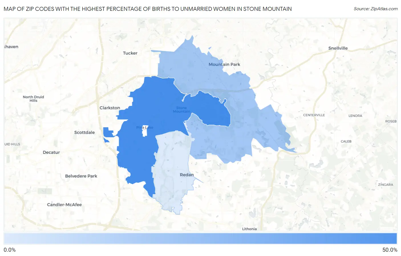 Zip Codes with the Highest Percentage of Births to Unmarried Women in Stone Mountain Map