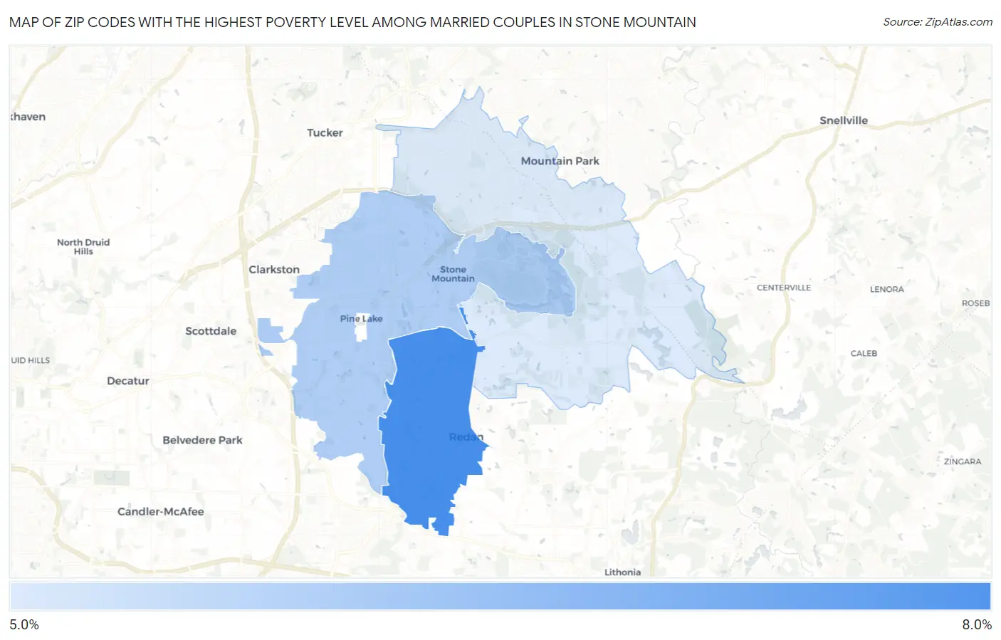 Zip Codes with the Highest Poverty Level Among Married Couples in Stone Mountain Map