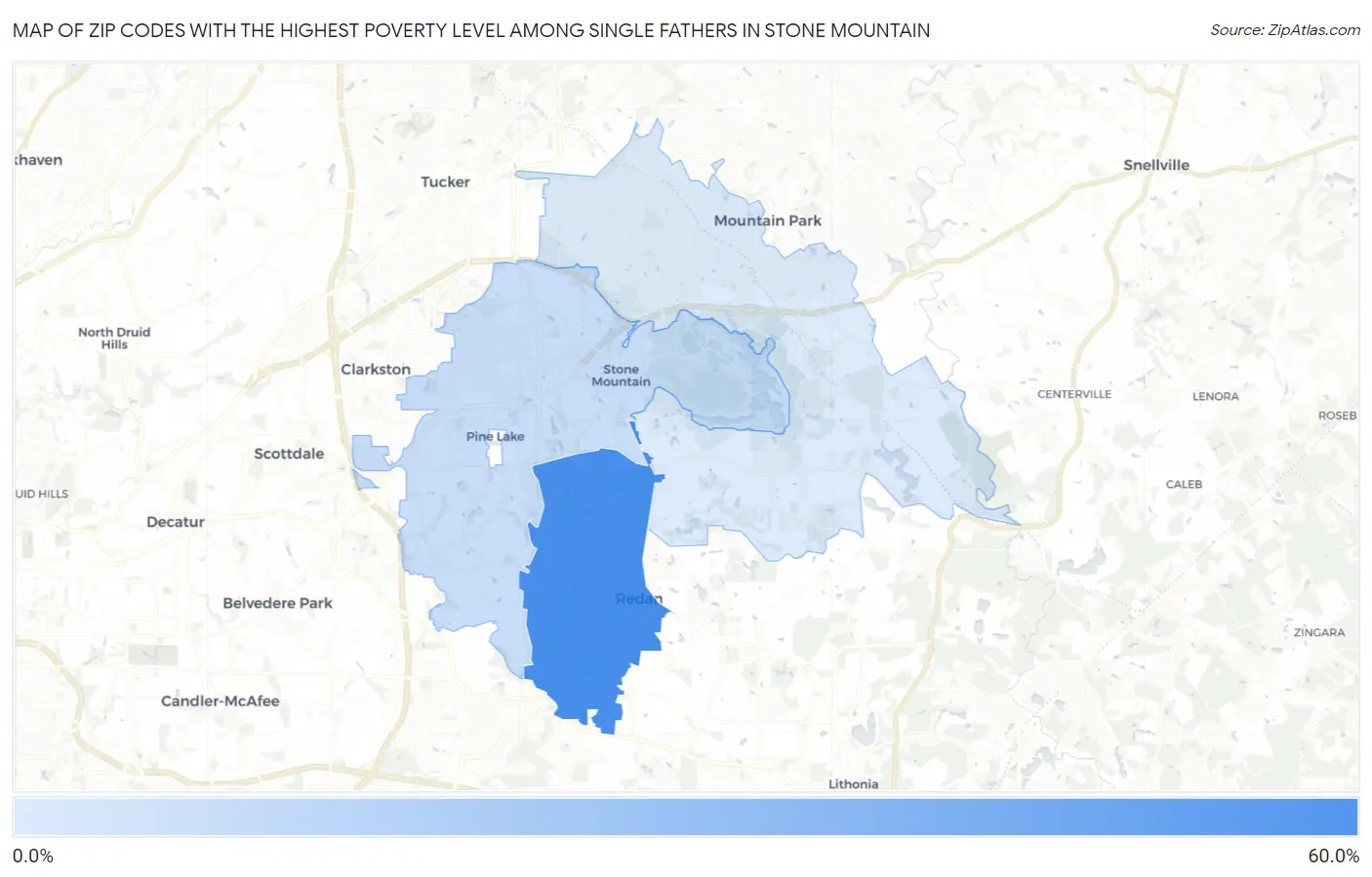 Zip Codes with the Highest Poverty Level Among Single Fathers in Stone Mountain Map