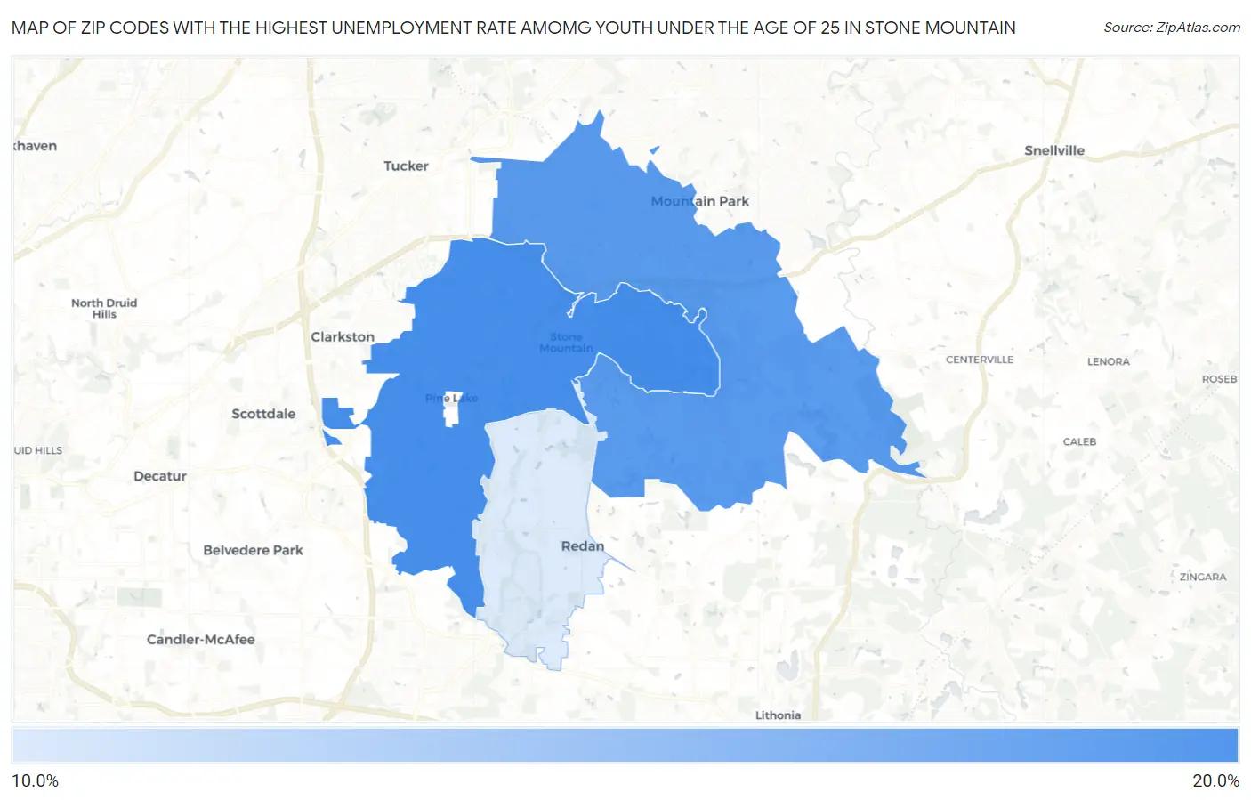 Zip Codes with the Highest Unemployment Rate Amomg Youth Under the Age of 25 in Stone Mountain Map