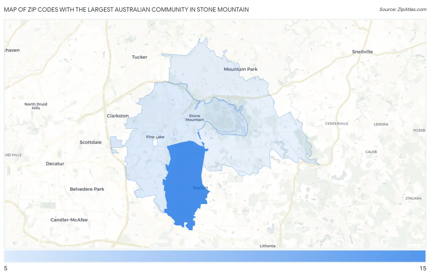 Zip Codes with the Largest Australian Community in Stone Mountain Map