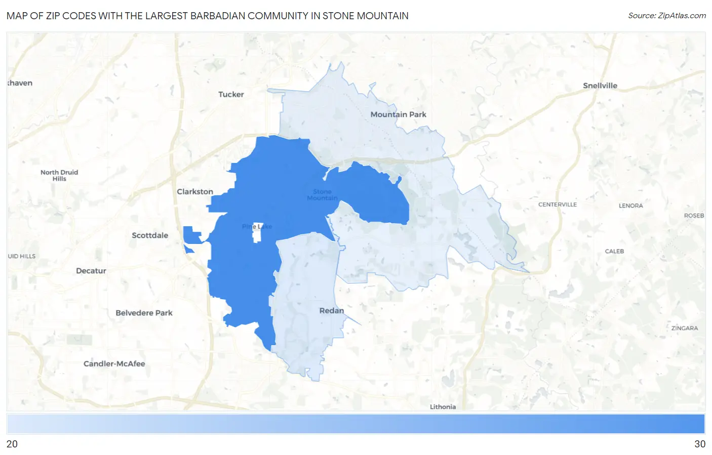 Zip Codes with the Largest Barbadian Community in Stone Mountain Map
