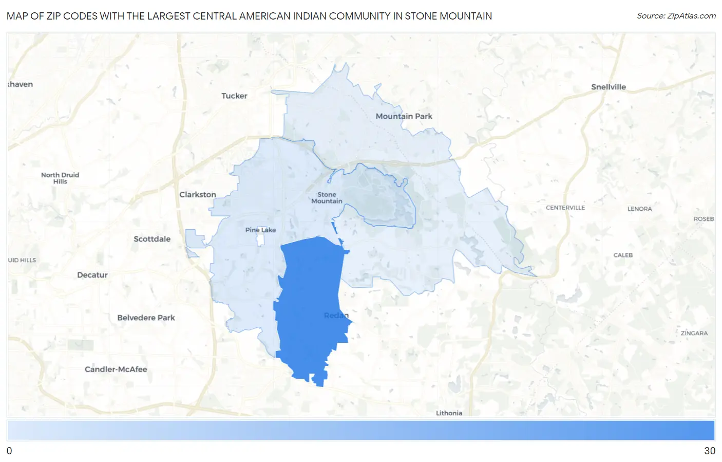 Zip Codes with the Largest Central American Indian Community in Stone Mountain Map