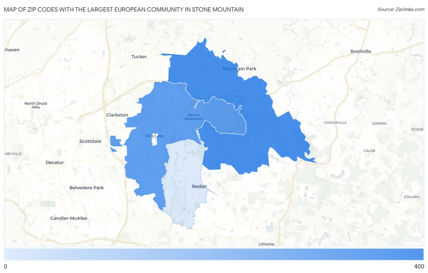 Zip Codes with the Largest European Community in Stone Mountain Map
