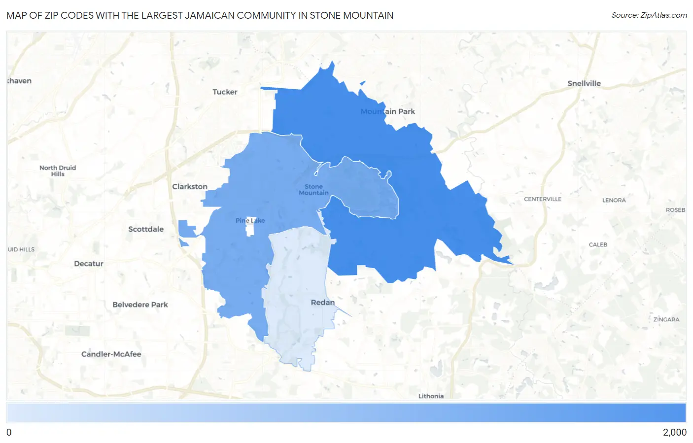 Zip Codes with the Largest Jamaican Community in Stone Mountain Map