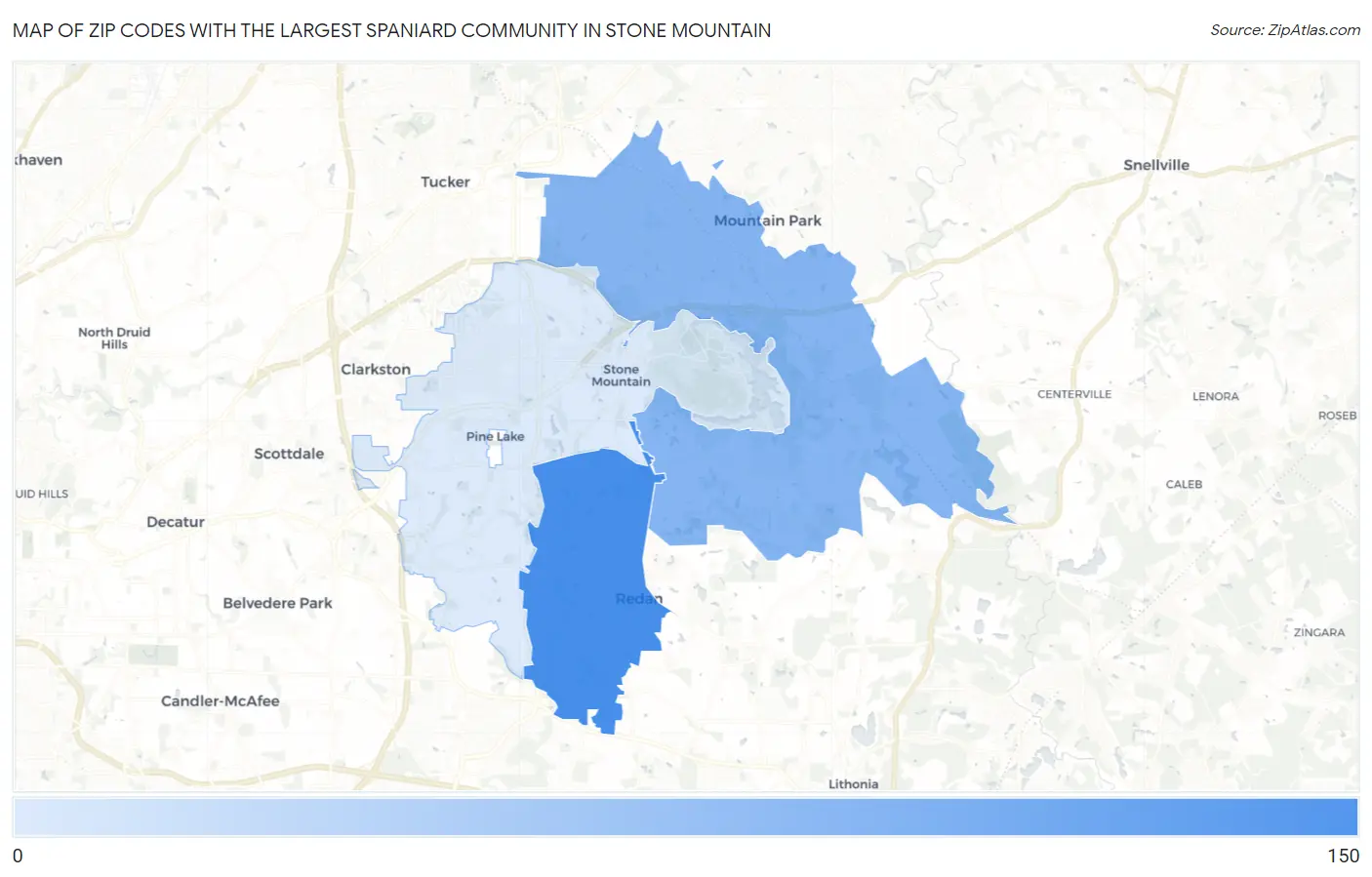 Zip Codes with the Largest Spaniard Community in Stone Mountain Map